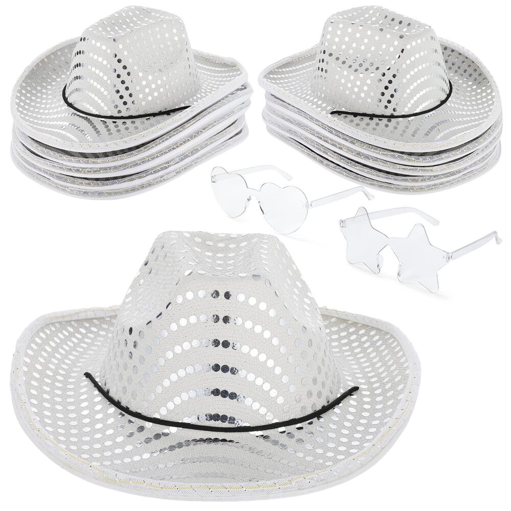 7255 10 Pcs Led Sequin Cowboy Hats With Heart & Star Glasses- Flashing